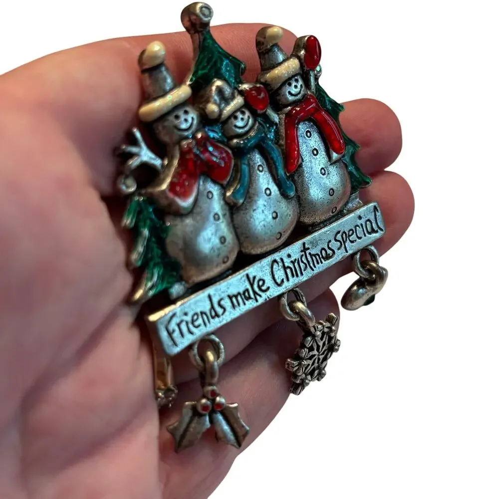 Vintage AJMC Christmas brooch pewter snowmen with gift dangles novelty pin